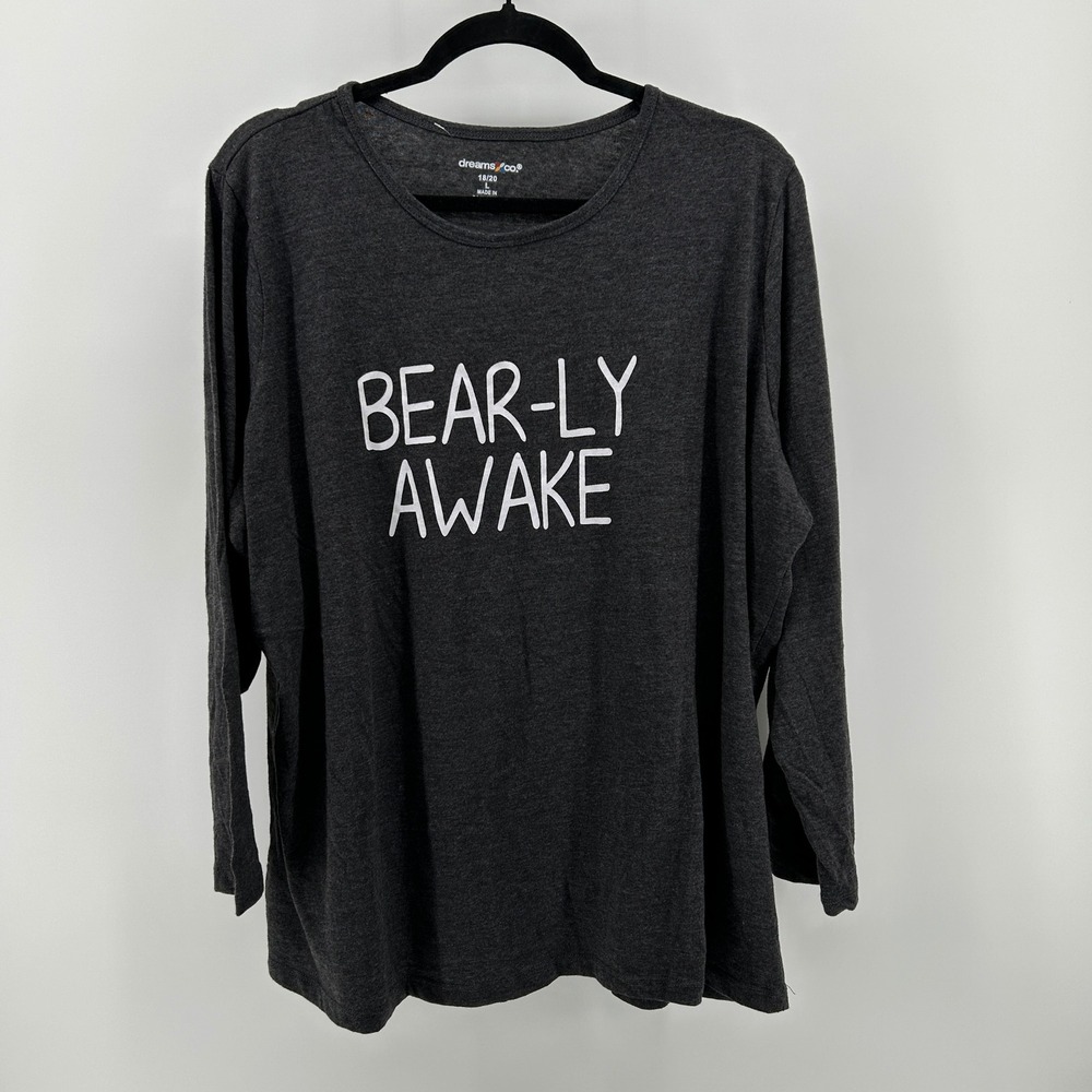 Dreams & Co Charcoal Gray Bear-ly Awake Graphic Long Sleeve Sleep Tee L Relaxed